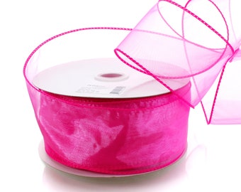 Neon Pink Sheer Organza Wired Ribbon #40 #9 2.5" 1.5" Wedding Floral Florist Bouquet Valentines Holiday