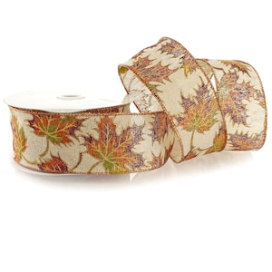 2 1/2 inch Wired Ribbon Fall Leaves on Natural Burlap - Choose Length