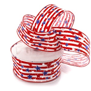 July 4th Patriotic Glitter Stars and Stripes 2 1/2&quot; Wired Ribbon Print USA