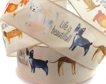 2 1/2" Wired Ribbon Dogs Woofing Around Watercolor Print - Choose Length