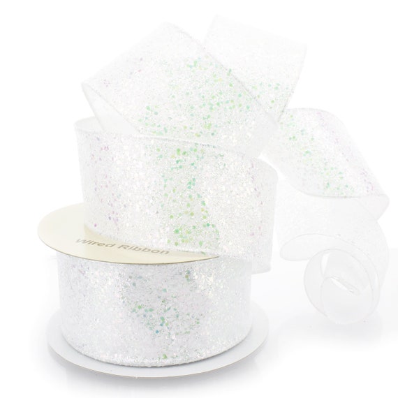 Wired White Spangle Glitter Ribbon 2 1/2 Inch Wedding Winter Christmas  Holiday July 4th 