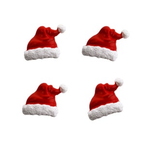 May include: Four red and white Santa hats with white trim. The hats are made of felt and have a white pom-pom on top.