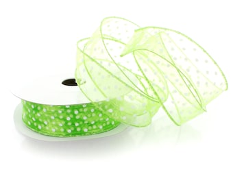 1 1/2 inch Wired Sheer w/ White Polka Dots Apple Green Choose Length