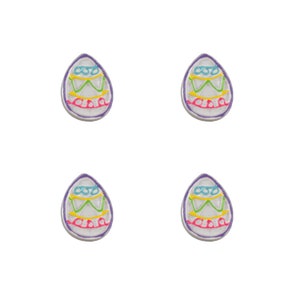 May include: Four white ceramic Easter eggs with purple, pink, yellow, and blue painted designs.