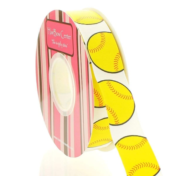 7/8" Yellow Softball Grosgrain Ribbon - Choose Length