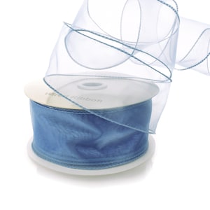 Antique Blue Sheer Organza Wired Ribbon #40 #9 2.5&quot; 1.5&quot; Wedding Floral Bouquet Fall Winter Holiday