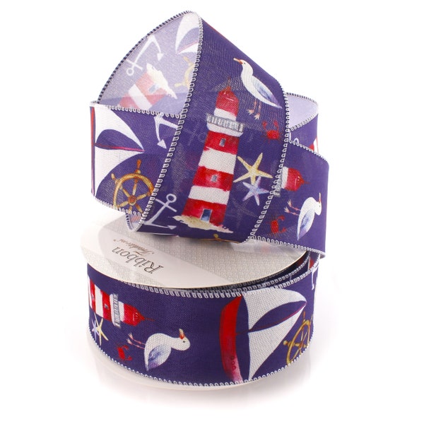 Nautical Seaside Mix 2 1/2 inch Wired Ribbon Lighthouse Print Maritime Sailboat