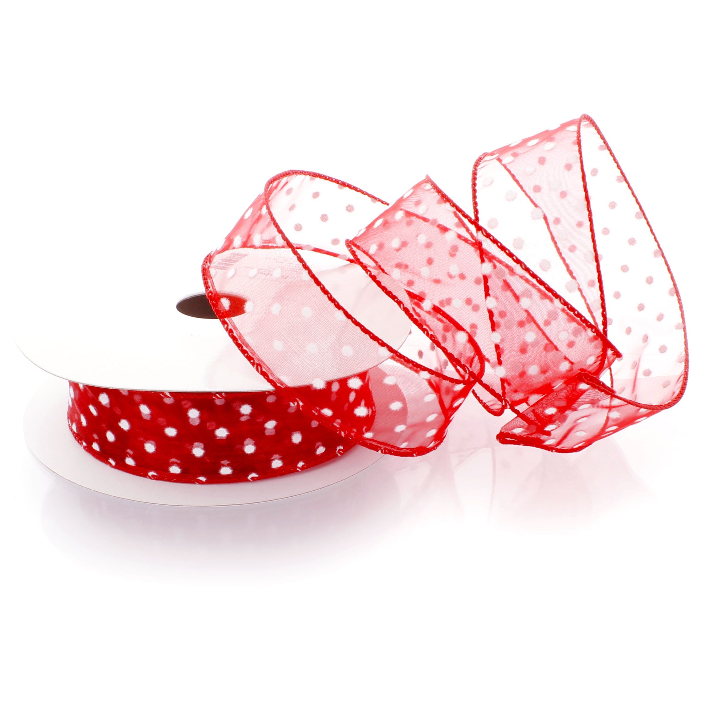 Satin Polka Dot Ribbon Wired Red with White Dots ( W: 1 - 1/2 inch | L: 10 Yards )