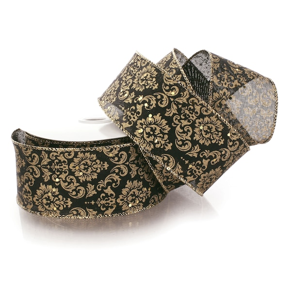 Wired Ribbon Black/Gold Victorian Damask 2 1/2 inch Winter Holiday Christmas Wedding