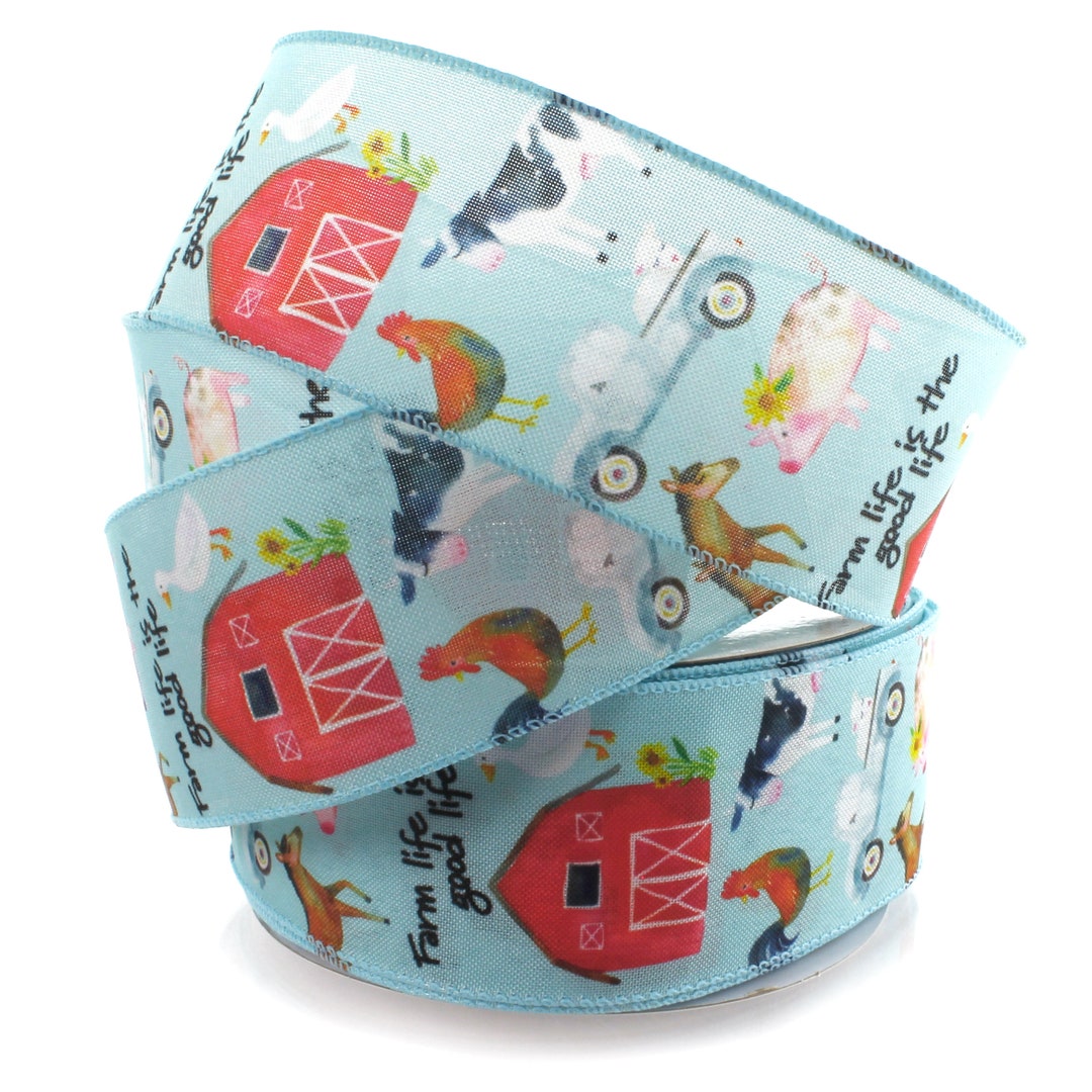 Barn Ribbon 2 1/2 Inch Wired Ribbon Blue Farm Life Barn Animals Rustic Choose ...