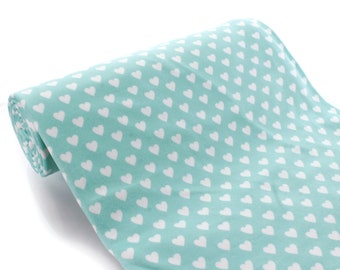 Aqua Blue and White Ditsy Hearts DBP 4-Way Stretch Fabric - Double Brushed Polyester by the 1/2 Yard or Yard