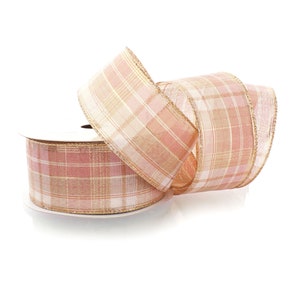 Wired Ribbon Rose Pink Metallic Gold Plaid 2 1/2 inch Wedding Rustic Holiday #40