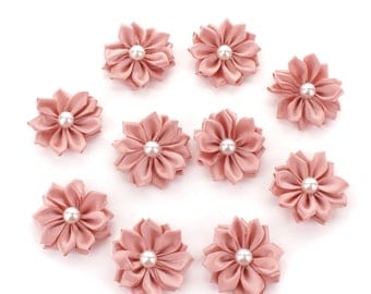 1.5 inch Satin Ribbon Shabby Flowers with Pearl 10-Pack - Choose Colors