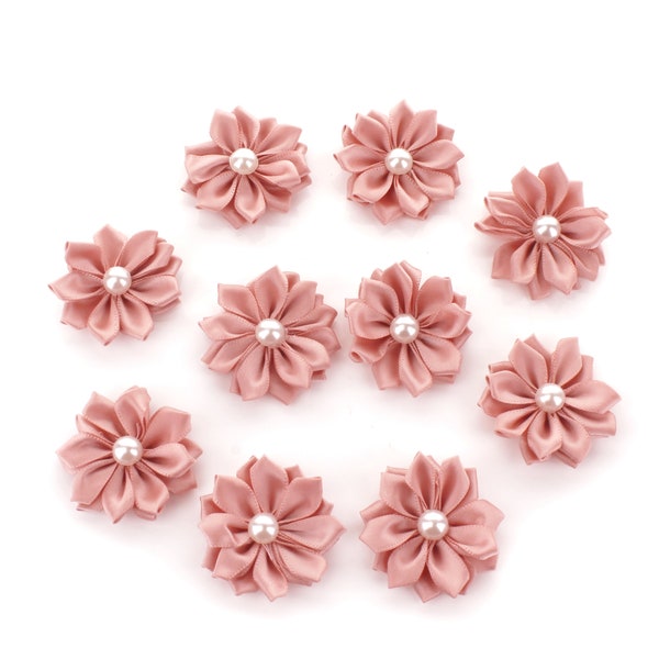 1.5 inch Satin Ribbon Shabby Flowers with Pearl 10-Pack - Choose Colors