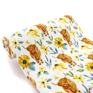 Highlander Cow Sunflowers DBP 4-Way Stretch Fabric - Double Brushed Polyester by the 1/2 Yard or Yard