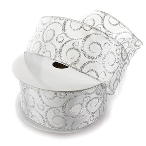 Wired Glitter Swirl Scrolls Satijn Wit/Zilver 2 1/2 inch Kerst Winter Vakantie Bruiloft