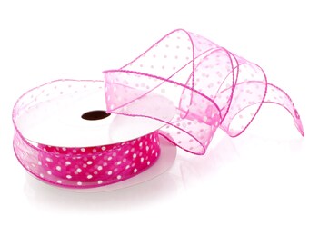 1 1/2" Wired Sheer w/ White Polka Dots Fuchsia Pink - Choose Length