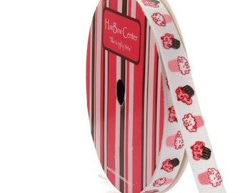 CLEARANCE** 3/8" Brown / Pink Cupcake Grosgrain Ribbon - Choose Length