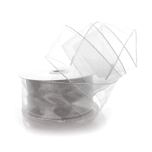Fita de organza transparente com fio prateado para florista, casamento de inverno, natal, feriado, floral, 2,5" 1,5" #9 #40