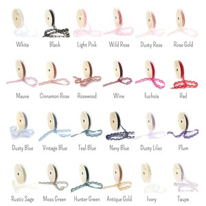 May include: A collection of 18 spools of lace trim in various colors, including white, black, light pink, wild rose, dusty rose, rose gold, mauve, cinnamon rose, rosewood, wine, fuchsia, red, dusty blue, vintage blue, teal blue, navy blue, dusty lilac, plum, rustic sage, moss green, hunter green, antique gold, ivory, and taupe.