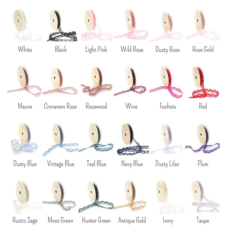 May include: A collection of 18 spools of lace trim in various colors, including white, black, light pink, wild rose, dusty rose, rose gold, mauve, cinnamon rose, rosewood, wine, fuchsia, red, dusty blue, vintage blue, teal blue, navy blue, dusty lilac, plum, rustic sage, moss green, hunter green, antique gold, ivory, and taupe.