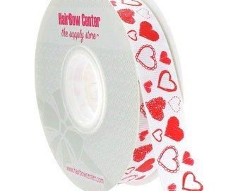 May include: White ribbon with red hearts printed on it. The ribbon is wound around a spool with the text "HairBow Center the supply store" and "www.hairbowcenter.com".