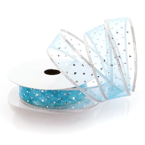 1 1/2 inch Wired Metallic Banded Edge Sheer Glitter Dots Turquoise/Silver Choose Length
