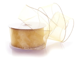 May include: A spool of gold sheer ribbon with a gold metallic edge. The ribbon is wrapped around a white cardboard spool.