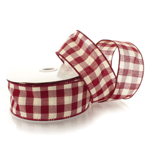 Wired Ribbon Fall Gingham Plaid Burgundy Cream Maroon 2 1/2 inch Rustic Farmhouse Thanksgiving Christmas