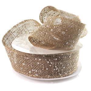 Ruban de toile de jute non câblé en jute naturel floqué blanc Fleuriste #40 Couronnes de porte de 2,5 pouces Mariage rustique Noël Emballage d'automne Ferme de campagne