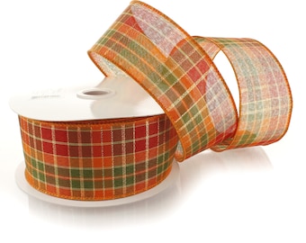 May include: A spool of orange, green, and red plaid ribbon with gold accents. The ribbon is on a white spool and is wrapped around itself.