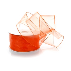 Fita de organza transparente laranja com arame Florista #40 #9 2,5" 1,5" Buquê floral de Halloween Outono Ação de Graças Feriado