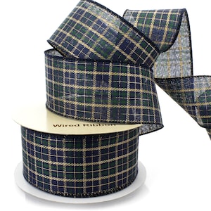 Wired Ribbon Navy/Emerald Green Tartan Plaid Winter Christmas Holiday 2 1/2 inch