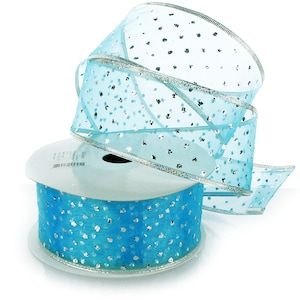 2 1/2&quot; Turquoise zilver metallic gestreepte rand glitter stippen bedraad pure organza lint Kies breedte lengte