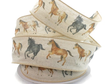 May include: A roll of beige burlap ribbon with a repeating pattern of brown, black, and white horses. The ribbon is perfect for adding a rustic touch to your crafts and gifts.