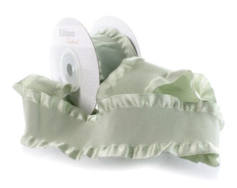 1.5" Rustic Sage Green Satin Double Ruffle Ribbon Choose 3 or 25 yards