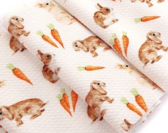 Easter Bunny and Carrot Liverpool Bullet Stretch Fabric by the Yard or 6" Strips