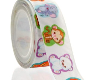 May include: White ribbon with colourful cartoon animals printed on it. The animals include a tiger, elephant, monkey, polar bear, and lion.