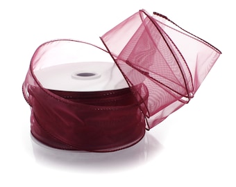 May include: A roll of burgundy sheer ribbon with a wired edge. The ribbon is on a spool and is ready to be used for crafting, decorating, or gift wrapping.