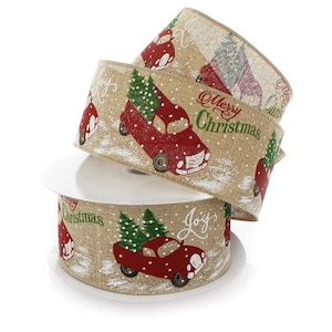 Wired Ribbon Holiday Red Truck on Natural Burlap 2 1/2&quot; Merry Christmas Text