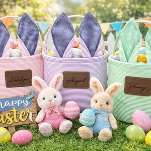 Personalized Easter Present, Canvas Basket With Leather Patch, For Children And Adult Gifting, PomPom Bunny Design, Chevron Bunny Basket,