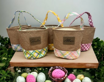 Custom Easter bunny basket with personalized engraved leather patch, customizable color pattern, and lined interior for boys and girls.