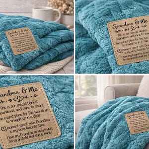 May include: A teal blue, plush blanket with a stitched label that reads "Grandma & Me." The label includes text about sharing and snuggling. The blanket is folded and displayed in multiple images.