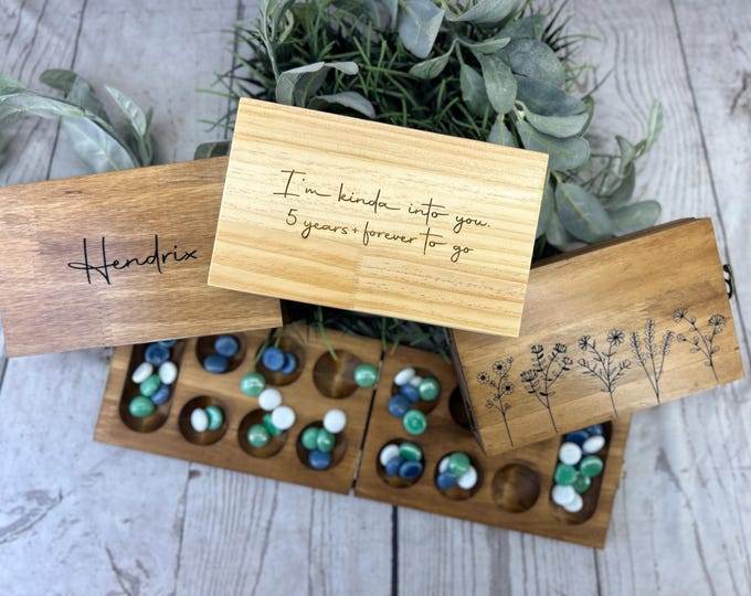 Natural Wood Mancala Game, Personalized Board Game, Birthday Gift for Kids and Adults, Easy Clean Toy