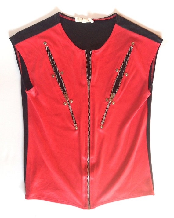 Vintage 80s SPANDEX ZIP up TOP - Vest - Red and Black