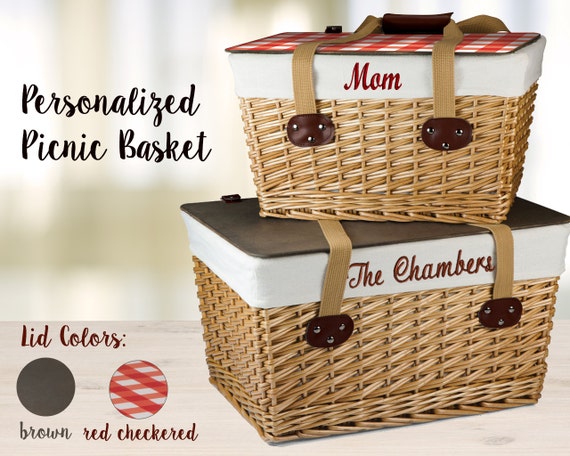 Personalized Wedding Gift Picnic Basket with Embroidered Personalized Wedding Gift Picnic Basket with Embroidered