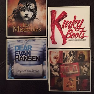 Playbill Coasters, Vintage movie cover coasters, Classic movies, Broadway Musical, Les Miserables, Kinky Boots, Rent