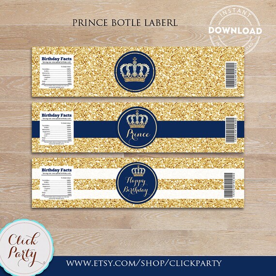 Prince Water Bottle Label, Royal Blue and gold, Little prince bottle wrappers, party supplies, Birthday Party, Instant download Il_570xn