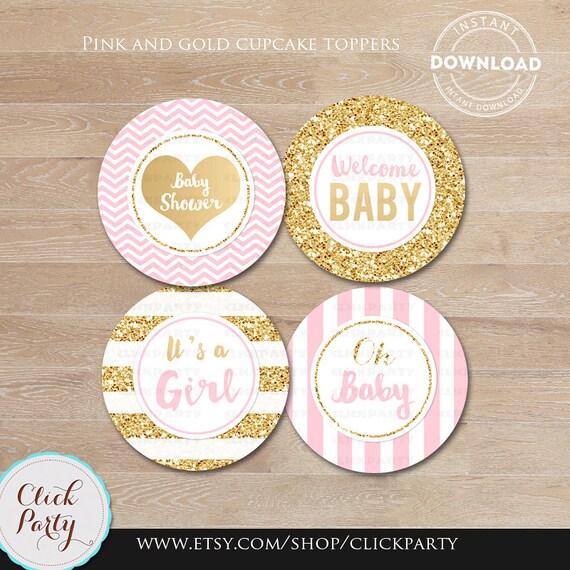 Baby Shower Pink And Gold Cupcake Toppers Gold Glittler Cake