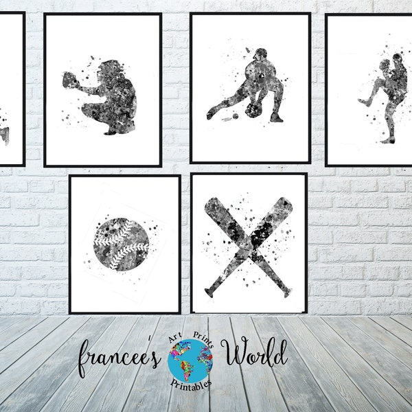 Baseball Watercolor Art Prints, Black and White Sports Decor (Digital Download) Wall Art